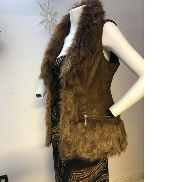 STA Coalition faux fur vegan leather brown vest sleeveless jacket gold zipper - Picture 2 of 5